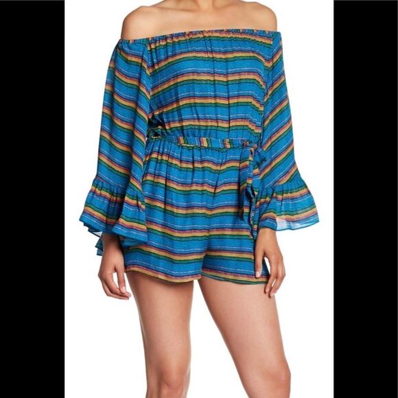 Artelier by Nicole Miller striped romper OTS bell sleeves M